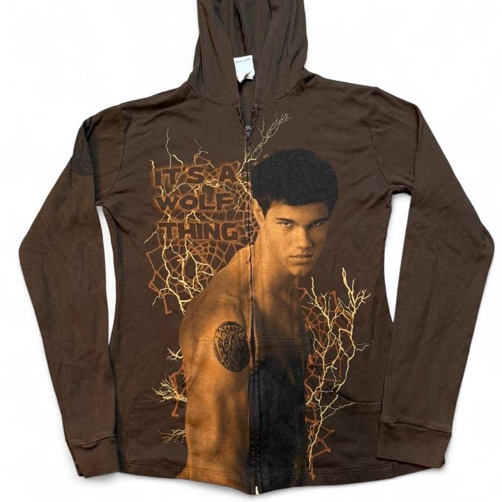 Vintage Twilight New Moon Jacob Black "Wolf Girl" Ear Hoodie Brown Y2K Rare XL